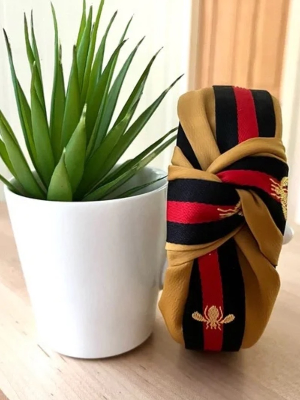 Gold Red Black Knotted Headband. Bee embellishment. OS. Flexible - Picture 2 of 3